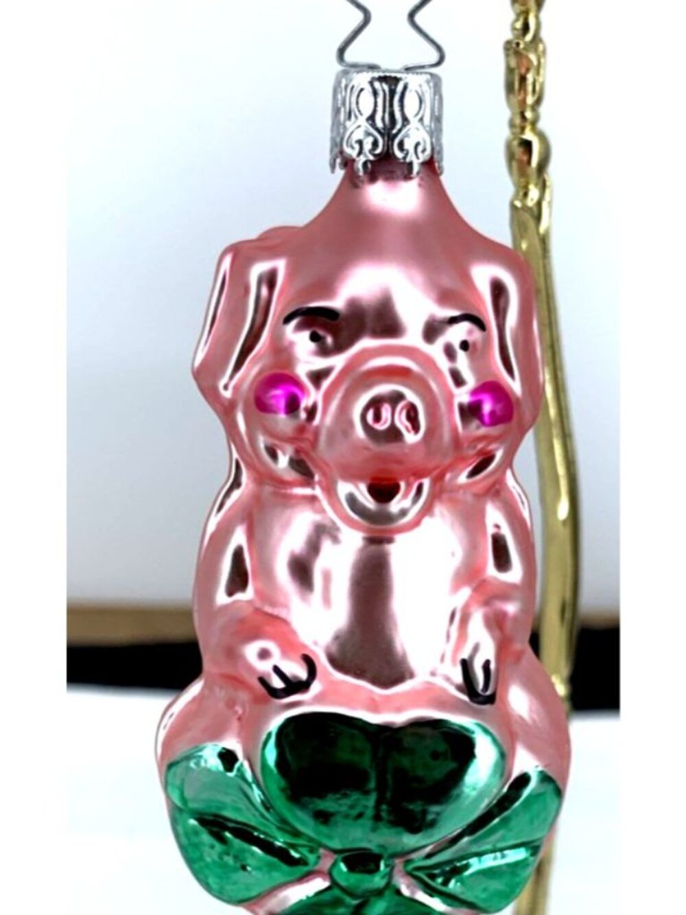 Inge Glas Old World Pig Four Leaf Clover Glass Ornament 4" West Germany